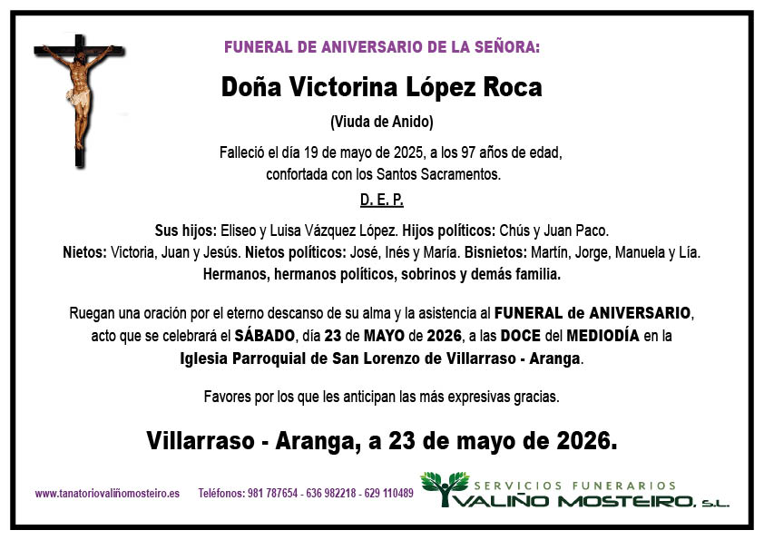 Esquela de Victorina López Roca.
