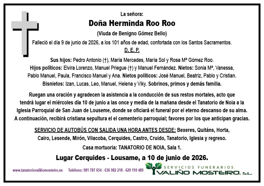 Esquela de Herminda Roo Roo.