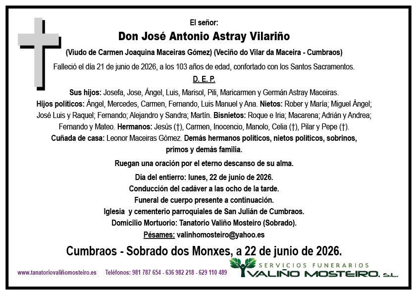 Esquela de José Antonio Astray Vilariño.