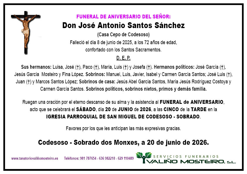 Esquela de José Antonio Santos Sánchez.