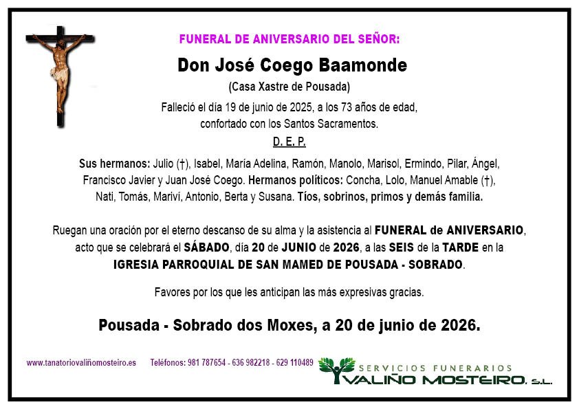 Esquela de José Coego Baamonde.