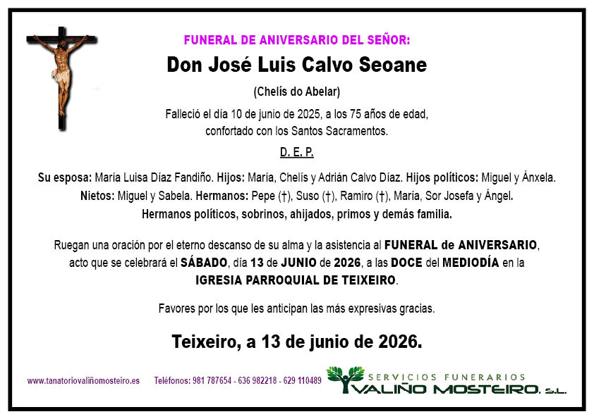 Esquela de José Luis Calvo Seoane.