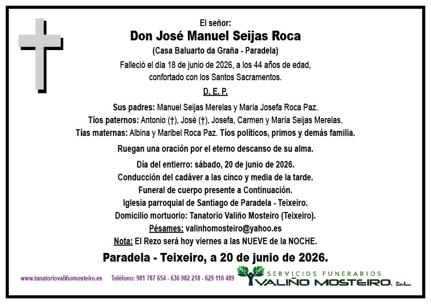 Esquela de José Manuel Seijas Roca.