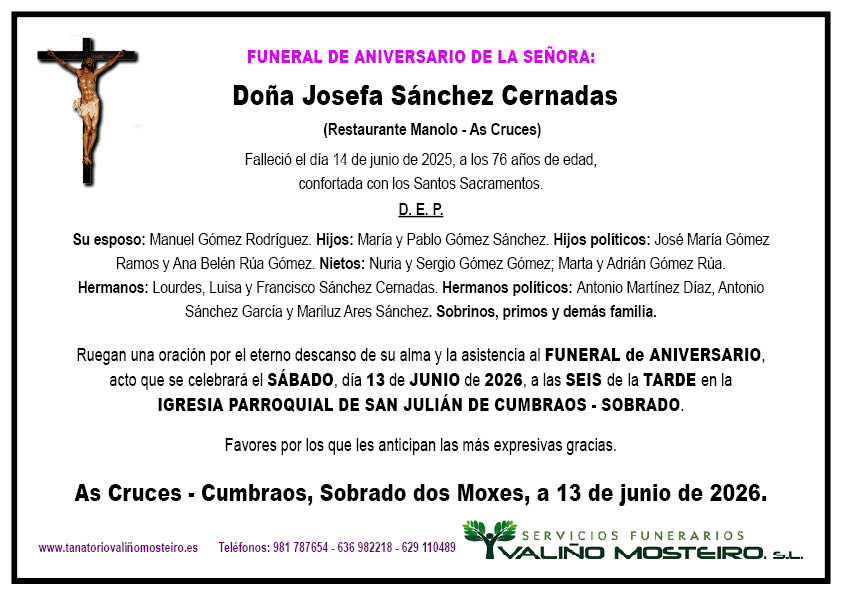 Esquela de Josefa Sánchez Cernadas.