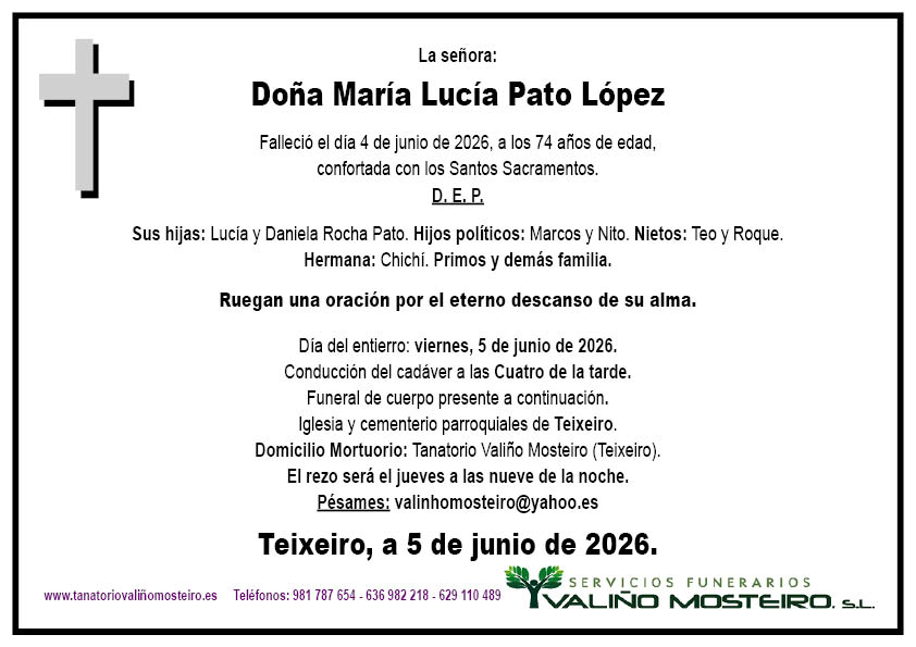 Esquela de María Lucía Pato López.