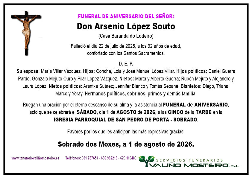 Esquela de Arsenio López Souto.