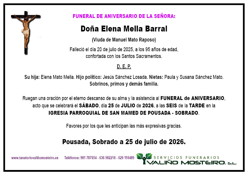 Esquela de Elena Mella Barral.