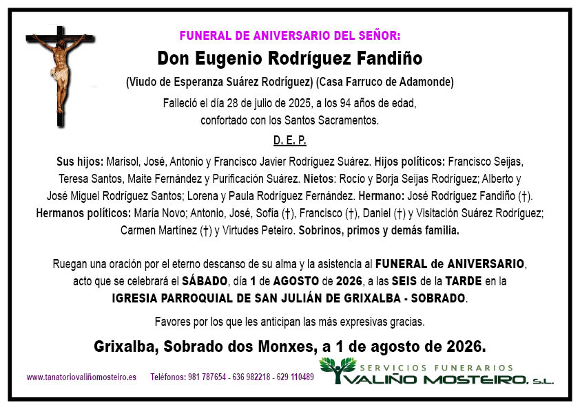 Esquela de Eugenio Rodríguez Fandiño.
