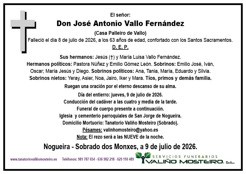 Esquela de José Antonio Vallo Fernández.