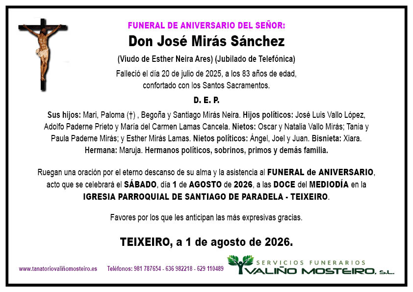 Esquela de José Mirás Sánchez.