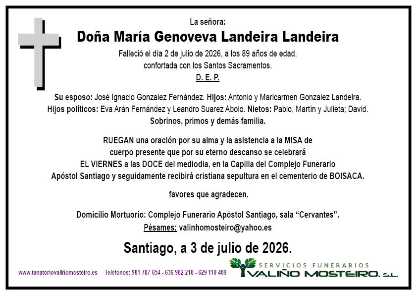 Esquela de María Genoveva Landeira Landeira .