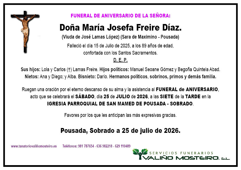 Esquela de María Josefa Freire Díaz.