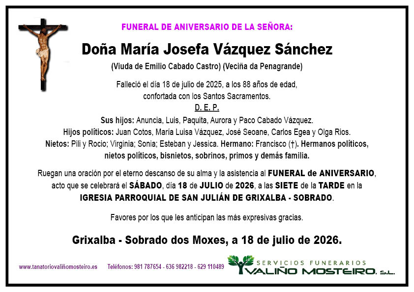 Esquela de María Josefa Vázquez Sánchez.