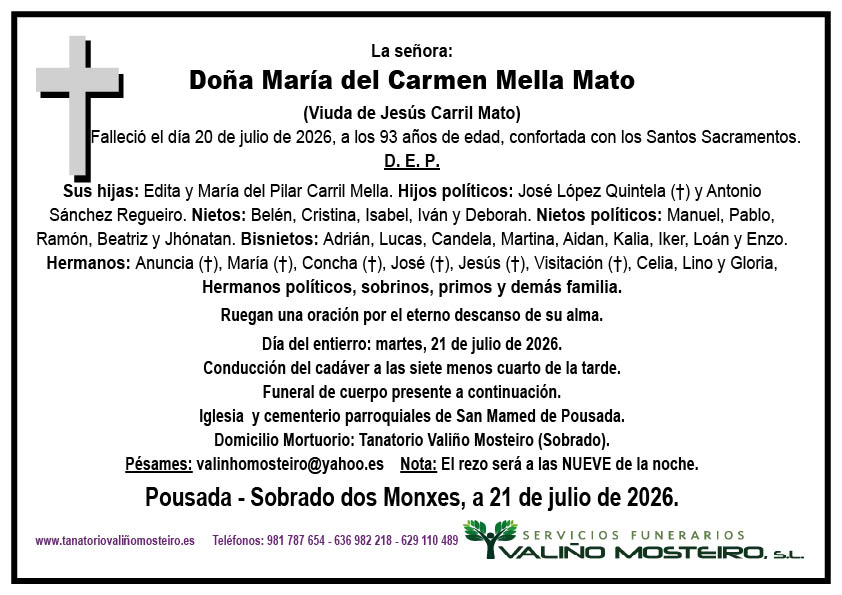 Esquela de María del Carmen Mella Mato.