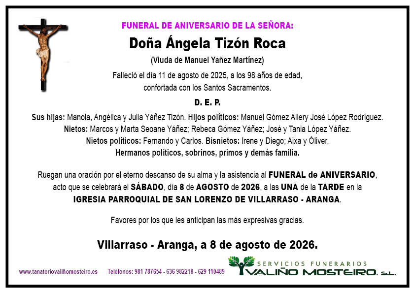 Esquela de Ángela Tizón Roca.