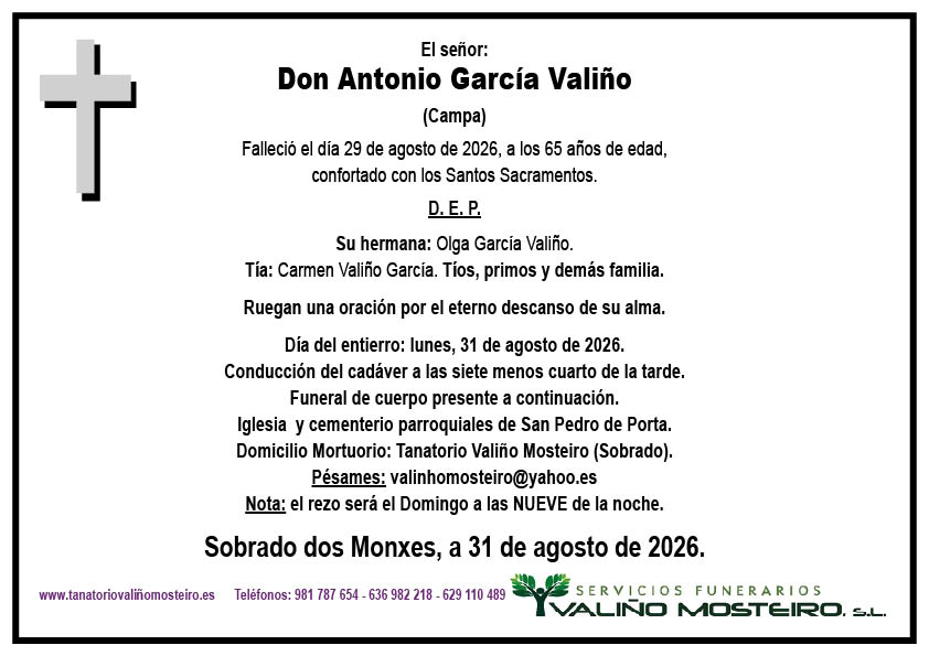Esquela de Antonio García Valiño.