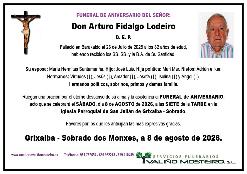 Esquela de Arturo Fidalgo Lodeiro.