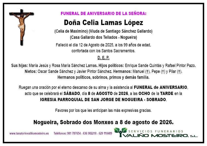 Esquela de Celia Lamas López.