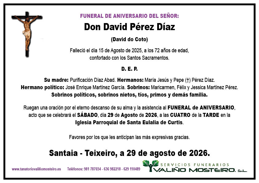 Esquela de David Pérez Díaz.