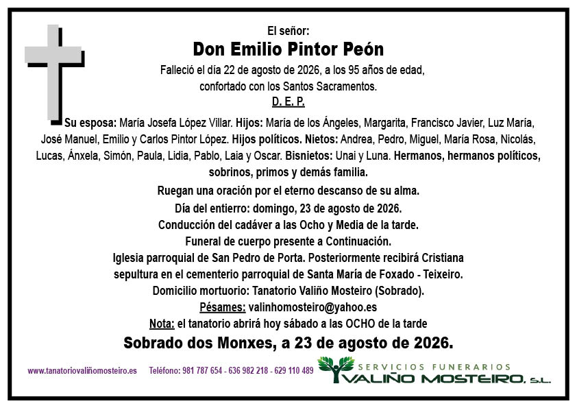 Esquela de Emilio Pintor Peón.
