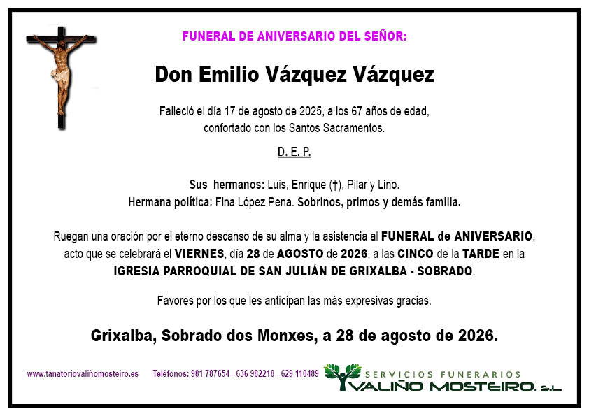 Esquela de Emilio Vázquez Vázquez.
