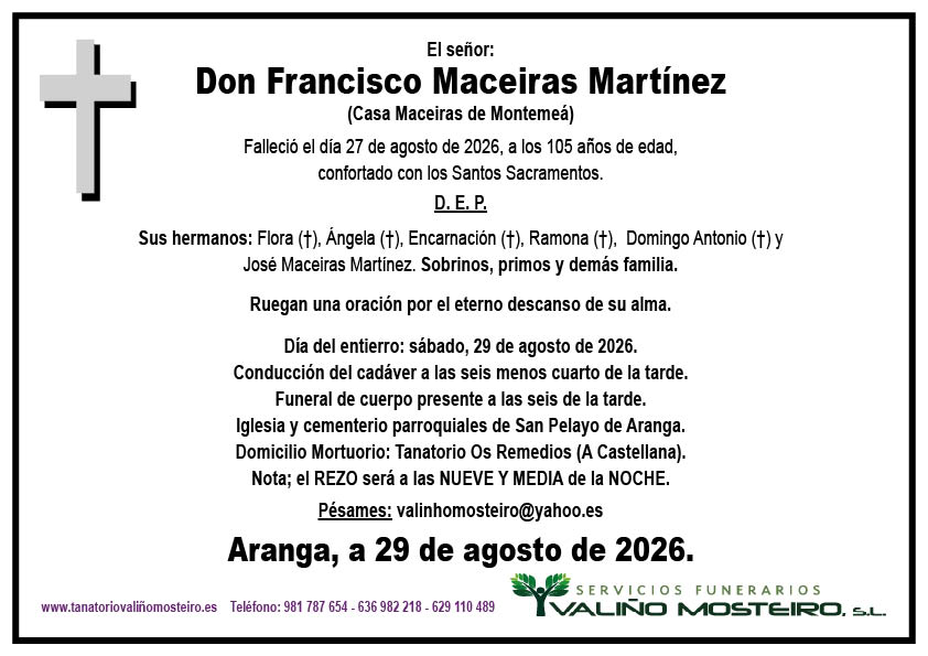 Esquela de Francisco Maceiras Martínez.