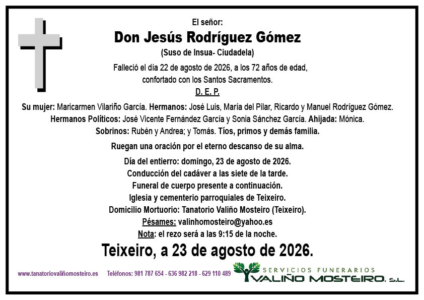 Esquela de Jesús Rodríguez Gómez.