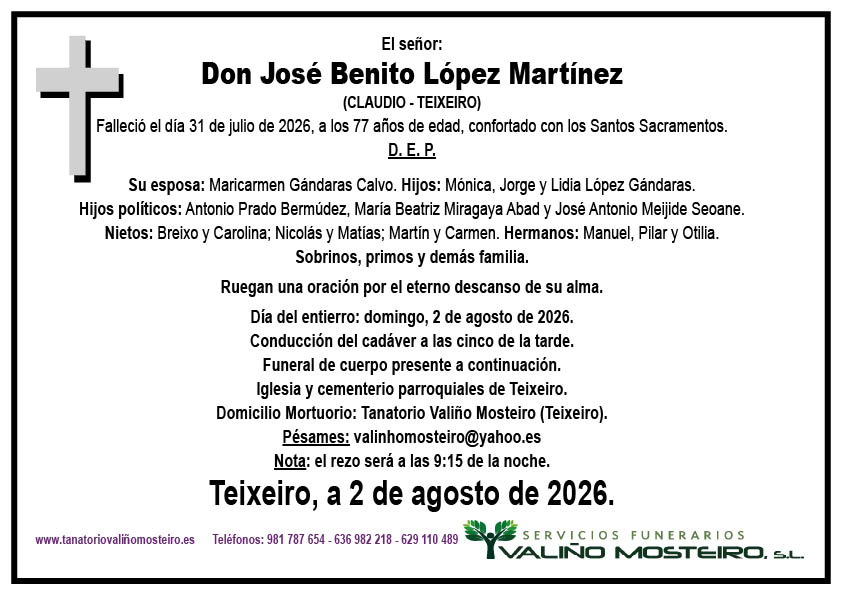 Esquela de José Benito López Martínez.