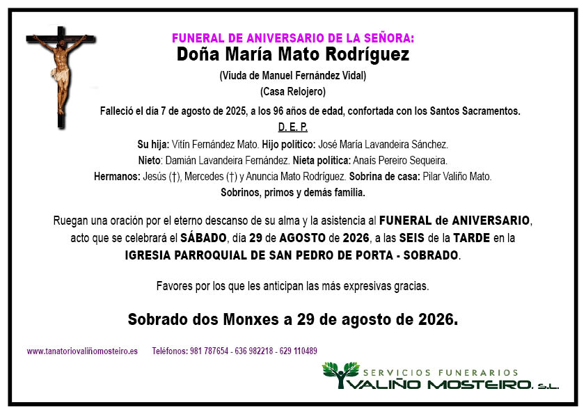 Esquela de María Mato Rodríguez.