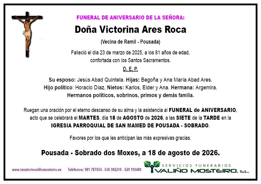 Esquela de Victorina Ares Roca.