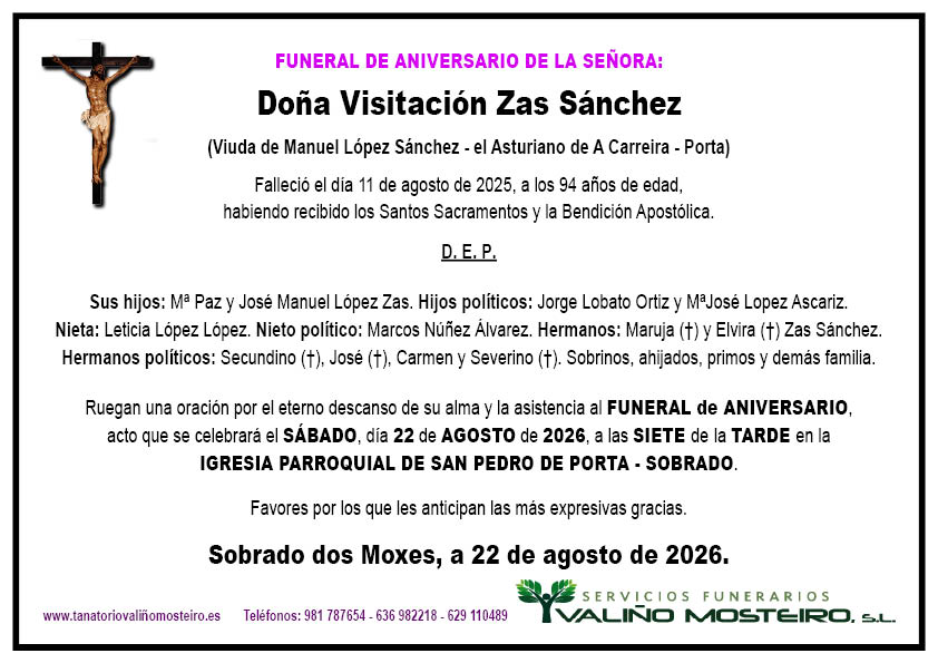 Esquela de Visitación Zas Sánchez.