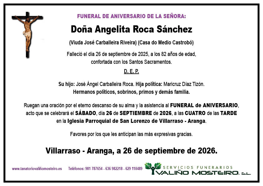 Esquela de Angelita Roca Sánchez.