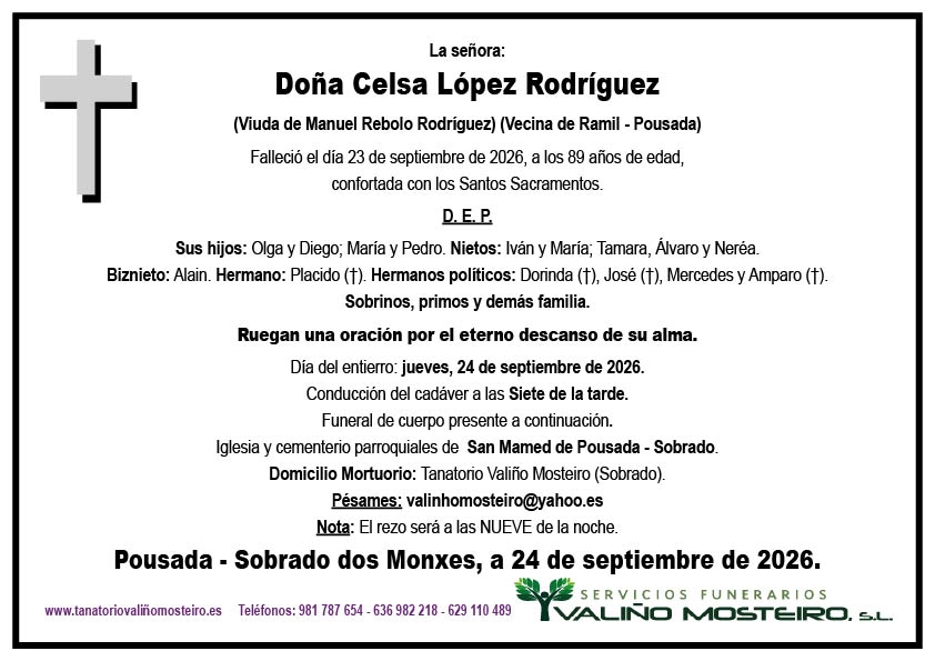 Esquela de Celsa López Rodríguez.