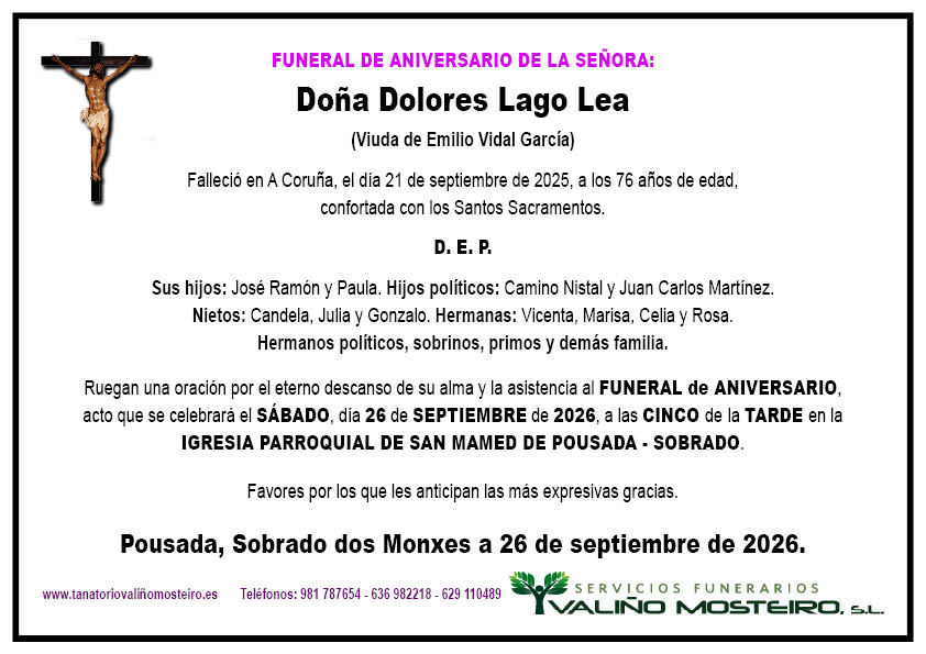 Esquela de Dolores Lago Lea.