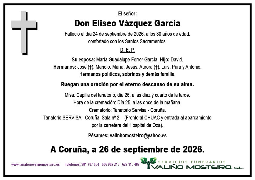 Esquela de Eliseo Vázquez García.
