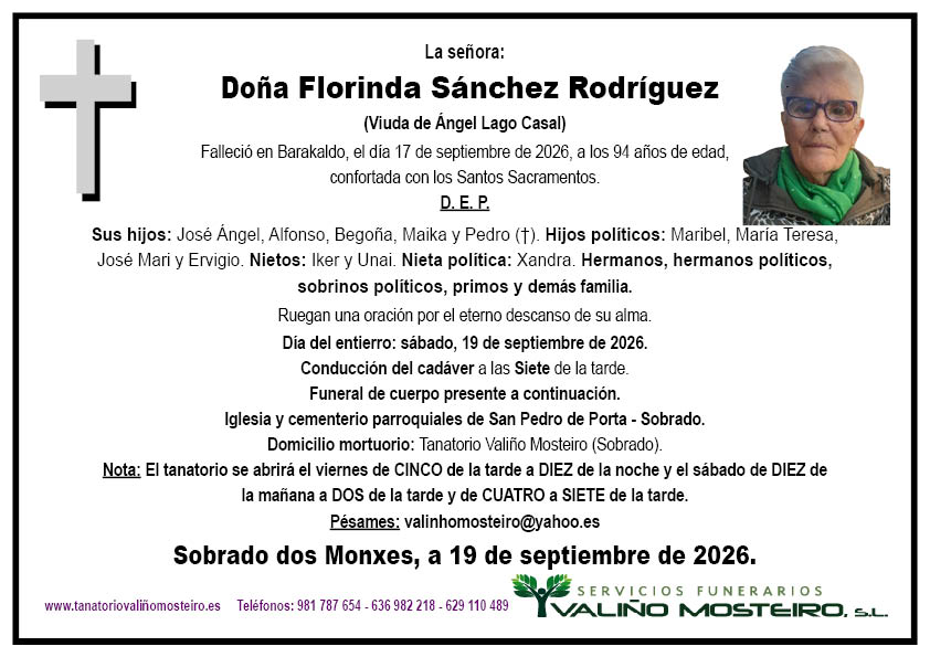 Esquela de Florinda Sánchez Rodríguez.