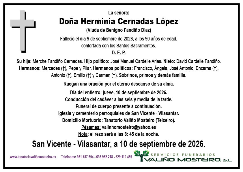 Esquela de Herminia Cernadas López.