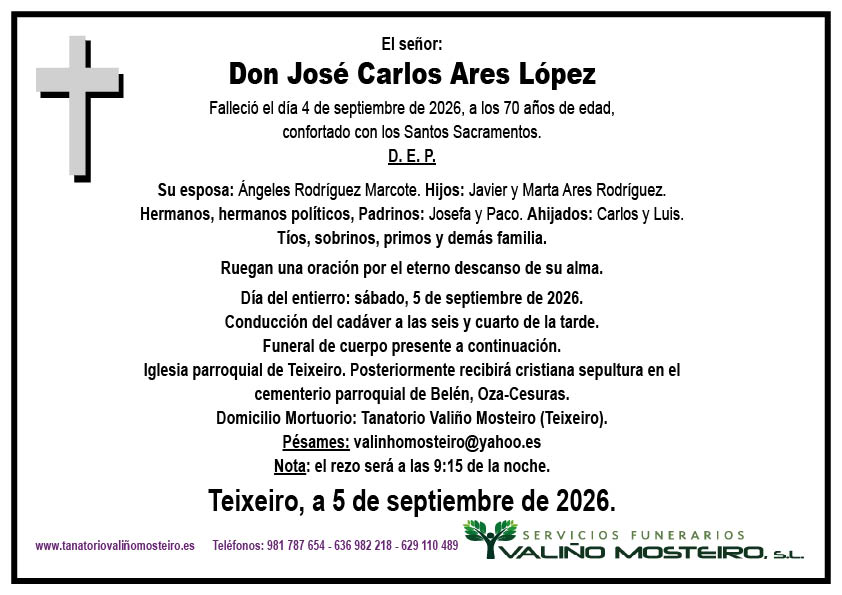 Esquela de José Carlos Ares López.