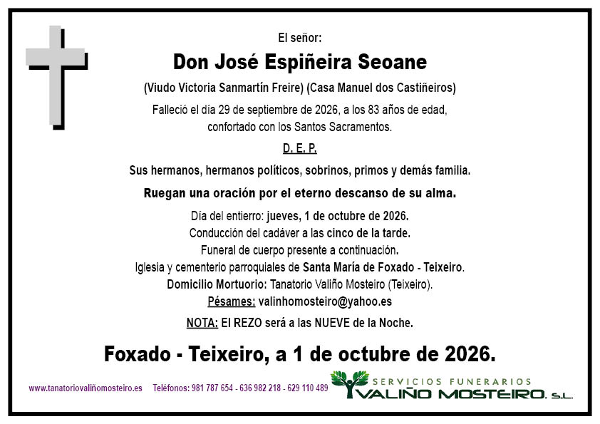 Esquela de José Espiñeira Seoane.