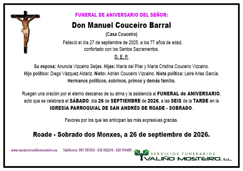 Esquela de Manuel Couceiro Barral.