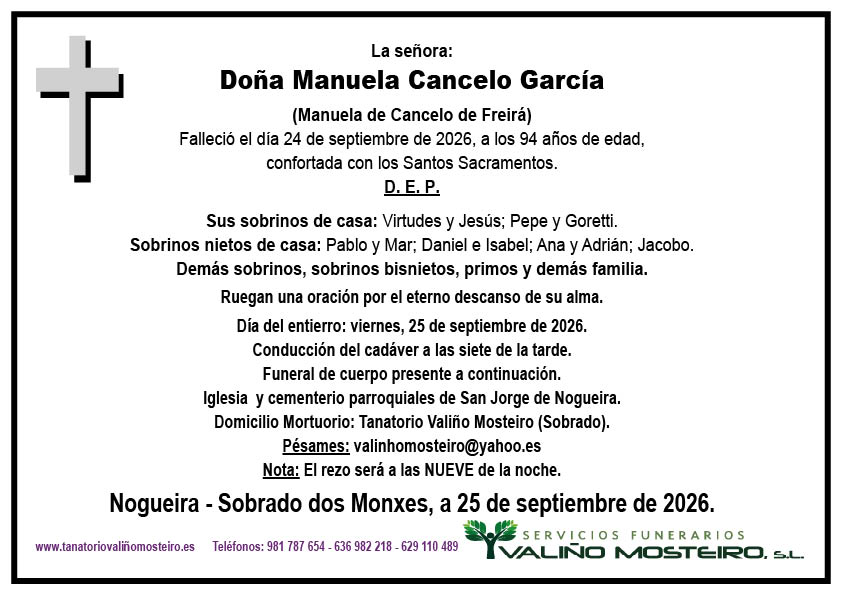 Esquela de Manuela Cancelo García.