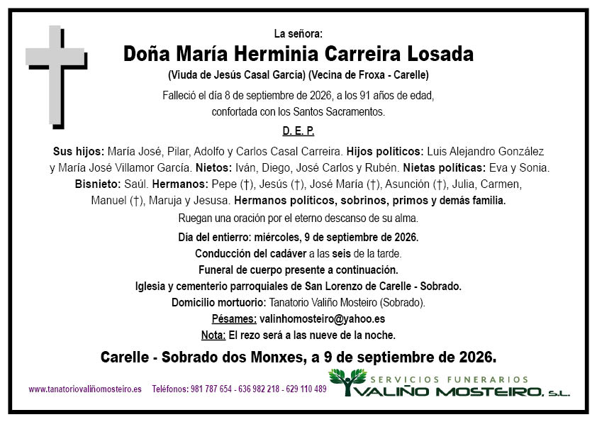 Esquela de María Herminia Carreira Losada.