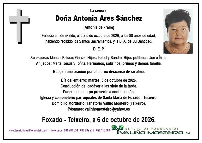 Esquela de Antonia Ares Sánchez.