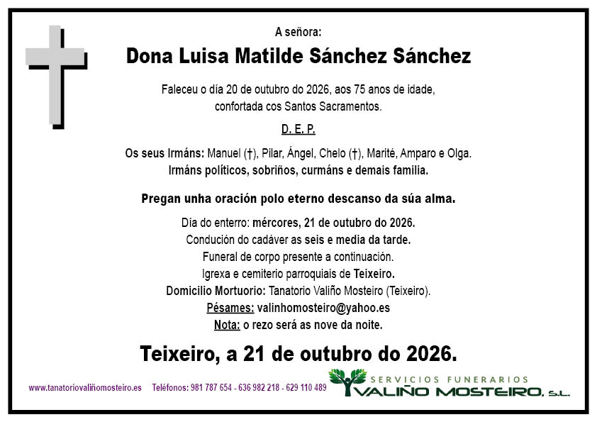 Esquela de Luisa Matilde Sánchez Sánchez.