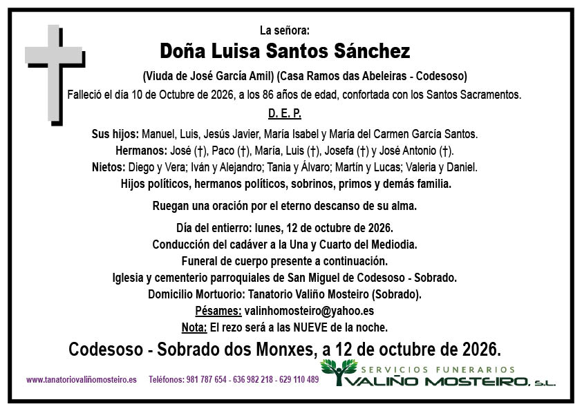 Esquela de Luisa Santos Sánchez.