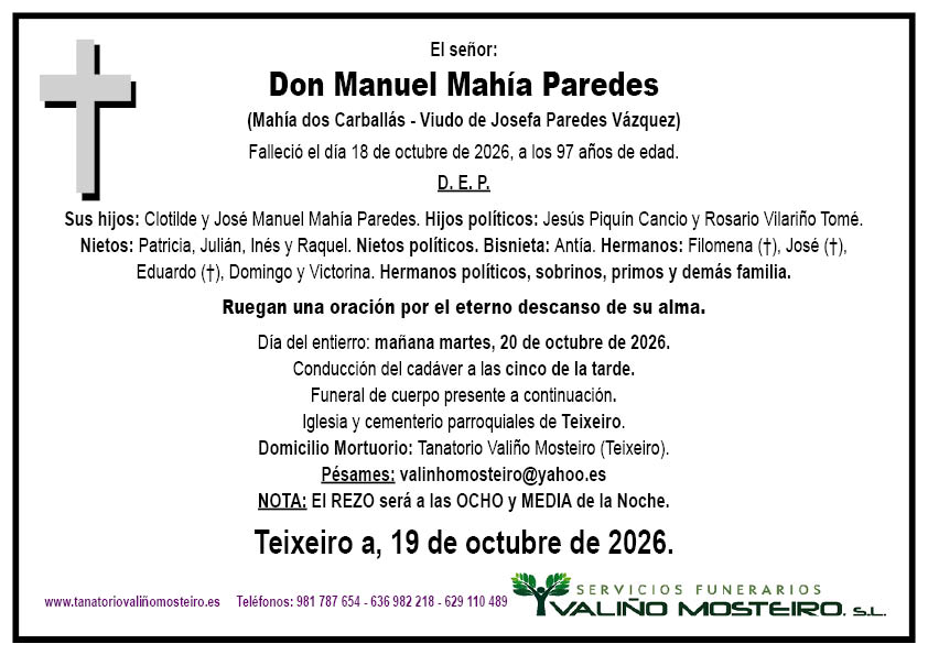 Esquela de Manuel Mahía Paredes.