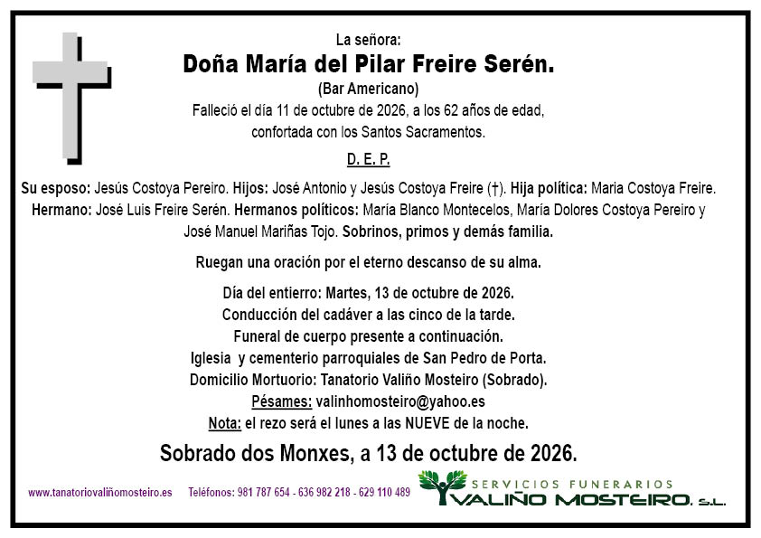 Esquela de María del Pilar Freire Serén.