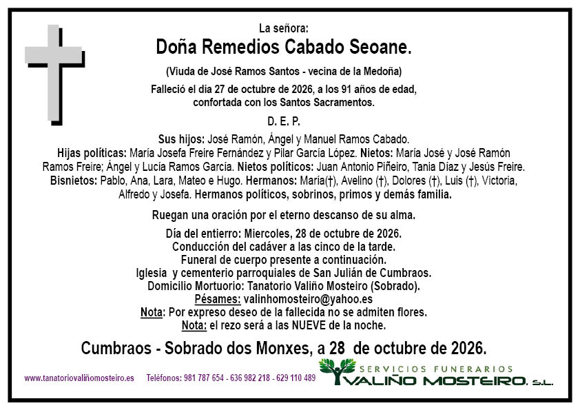 Esquela de Remedios Cabado Seoane.