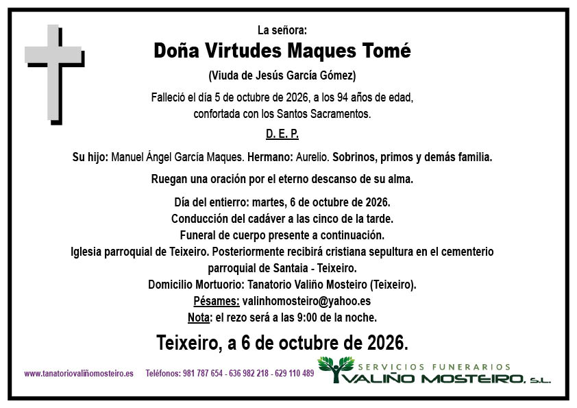 Esquela de Virtudes Maques Tomé.